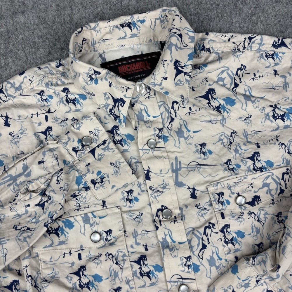 Rock & Roll Denim Western Shirt Boys Large Modern Fit Pearl Snap‎ Cowboy Rodeo